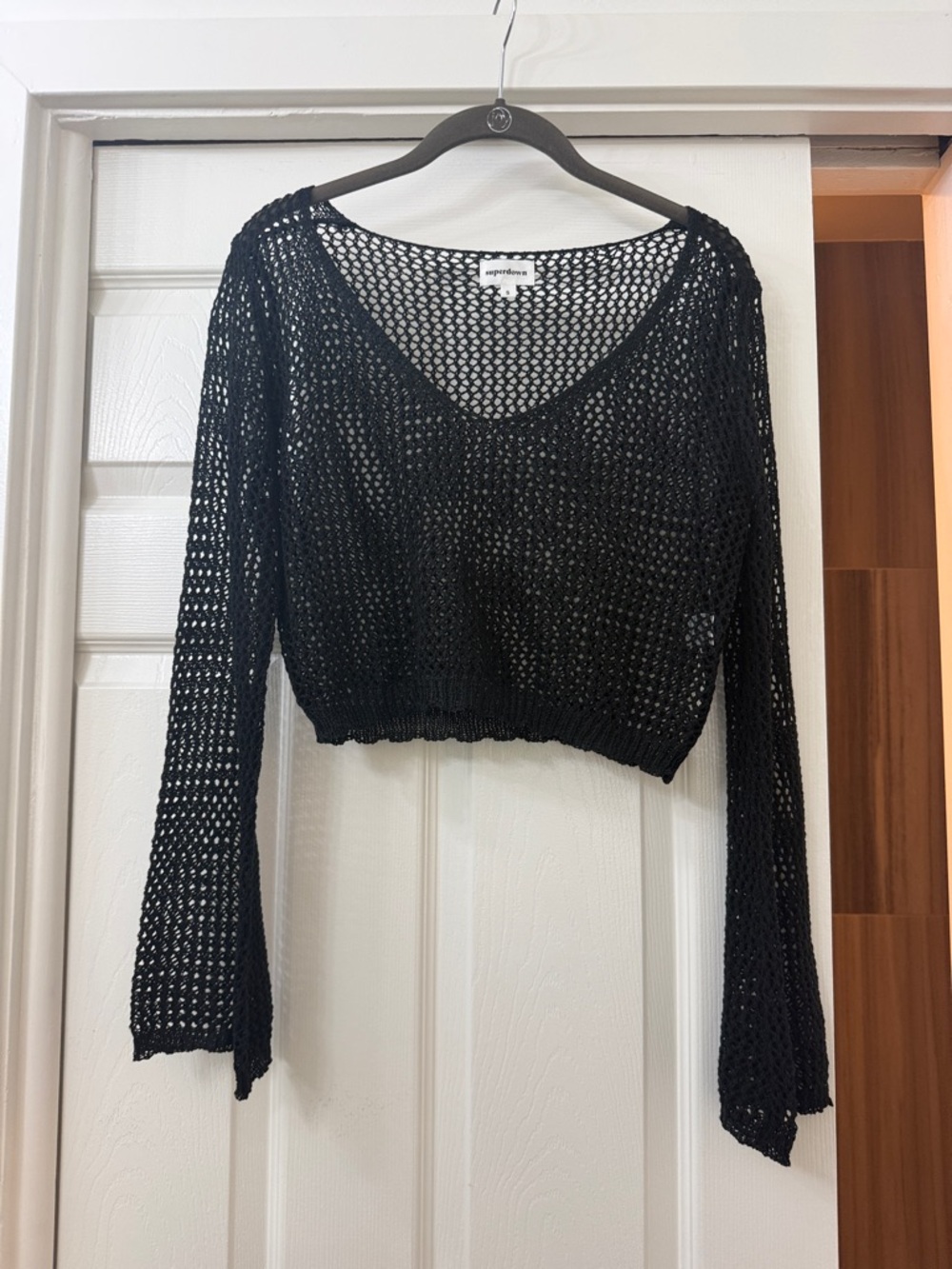 Superdown Black Open-Knit V-Neck Crop Sweater Top revolve